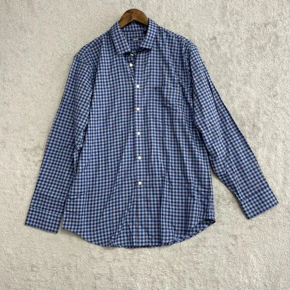 Izod Luxe Touch Men's L Modern Fit Blue Checkered Button-Up Dress Shirt M0429 - Picture 4 of 13